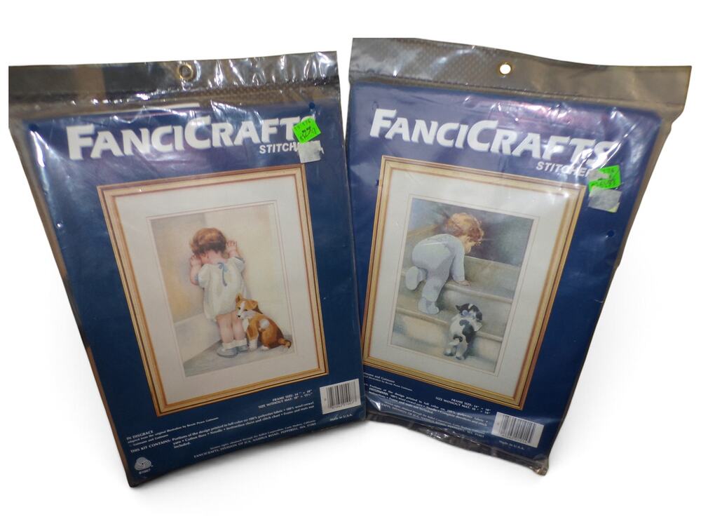 2 FanciCraft Crewel Embroidery Kits "Nitey Nite #01014 & In Disgrace #01007"